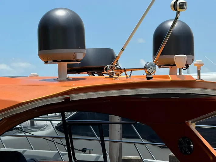 Onkor II Yacht Photos Pics Rooftop of 2015 Azimut Atlantis 43 yacht with radar domes and antennas.