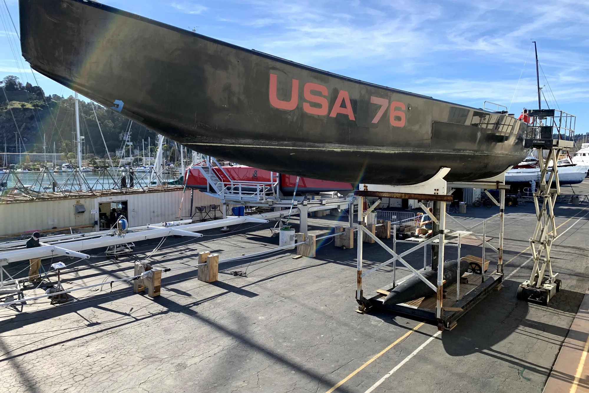 Sailboat "USA 76" on dry dock, Custom International Americas Cup Class, 2002 model.