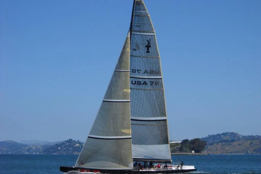 Sailing yacht "USA 76" from 2002 International America's Cup Class on open water.
