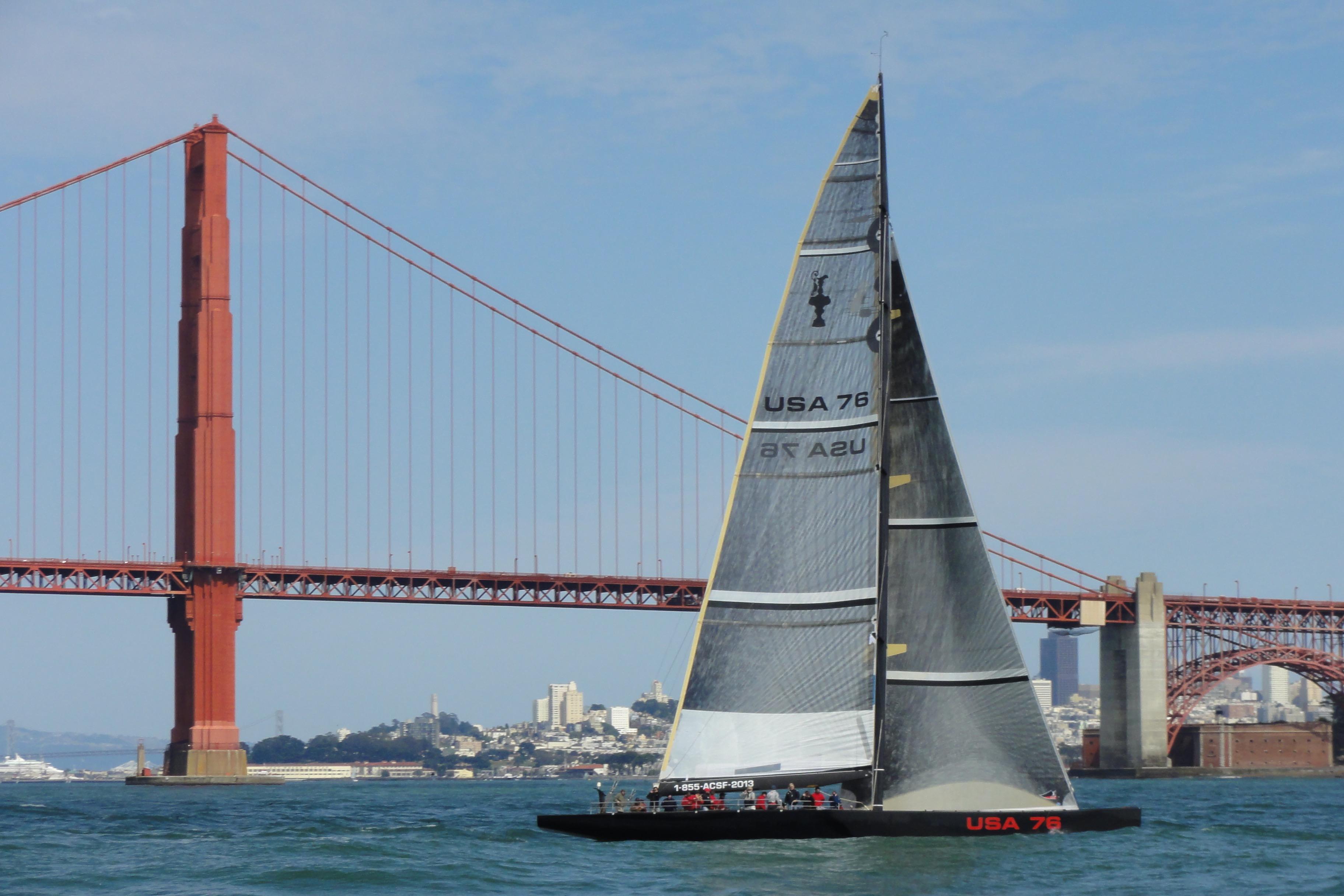 Sailboat USA 76 near Golden Gate Bridge, 2002 International Americas Cup Class.