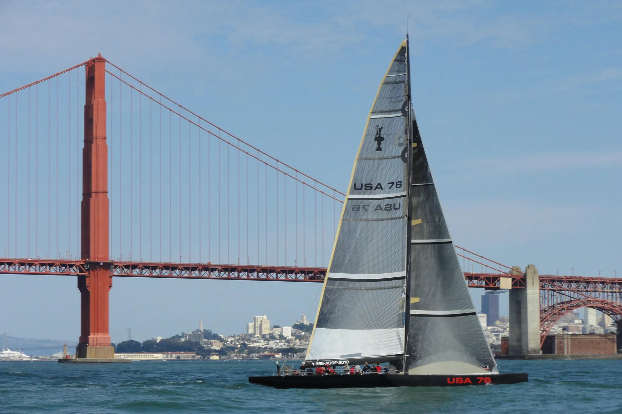 Sailboat USA 76 near Golden Gate Bridge, 2002 International Americas Cup Class.