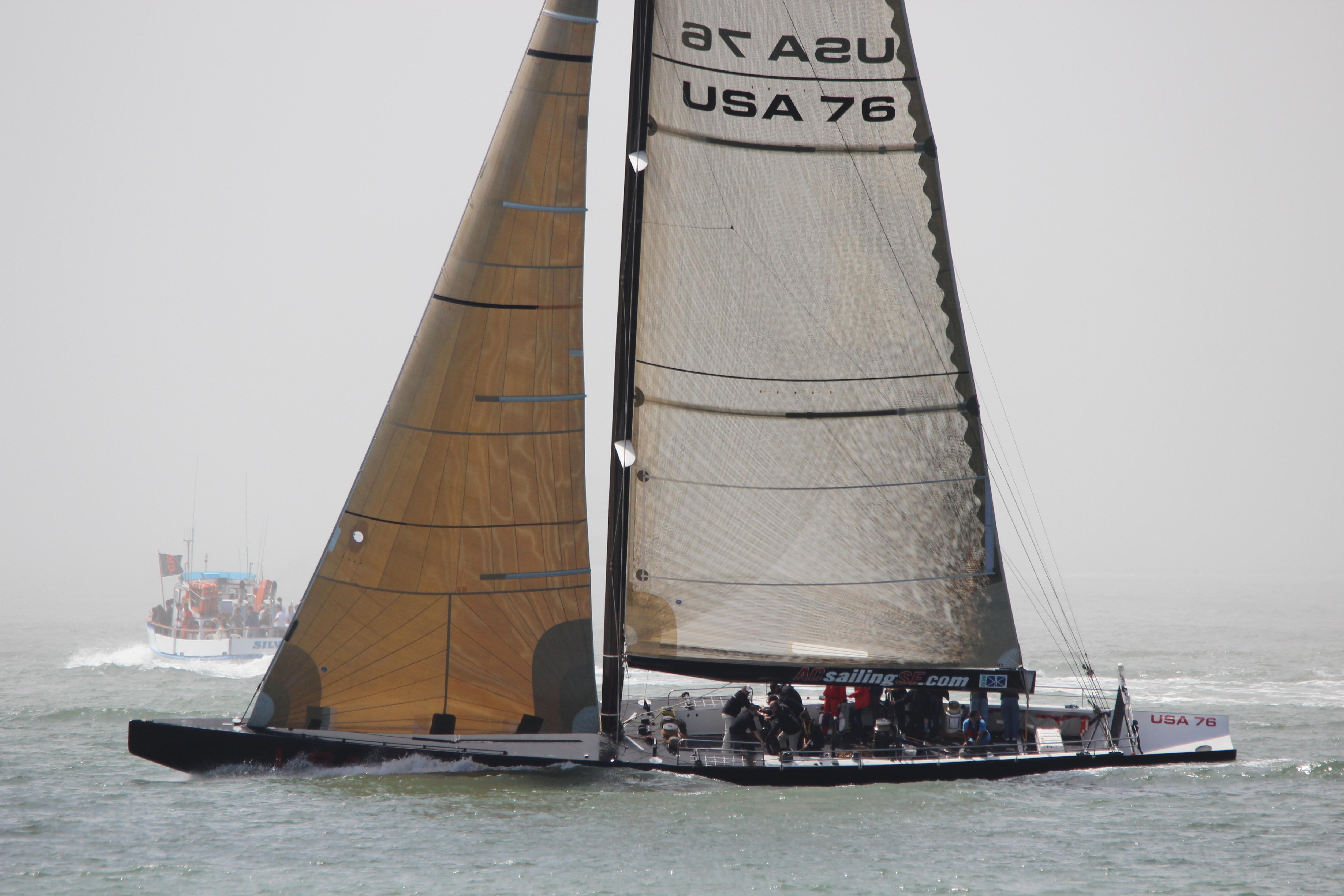 Sailing yacht USA 76, International Americas Cup Class, 2002, on open water.