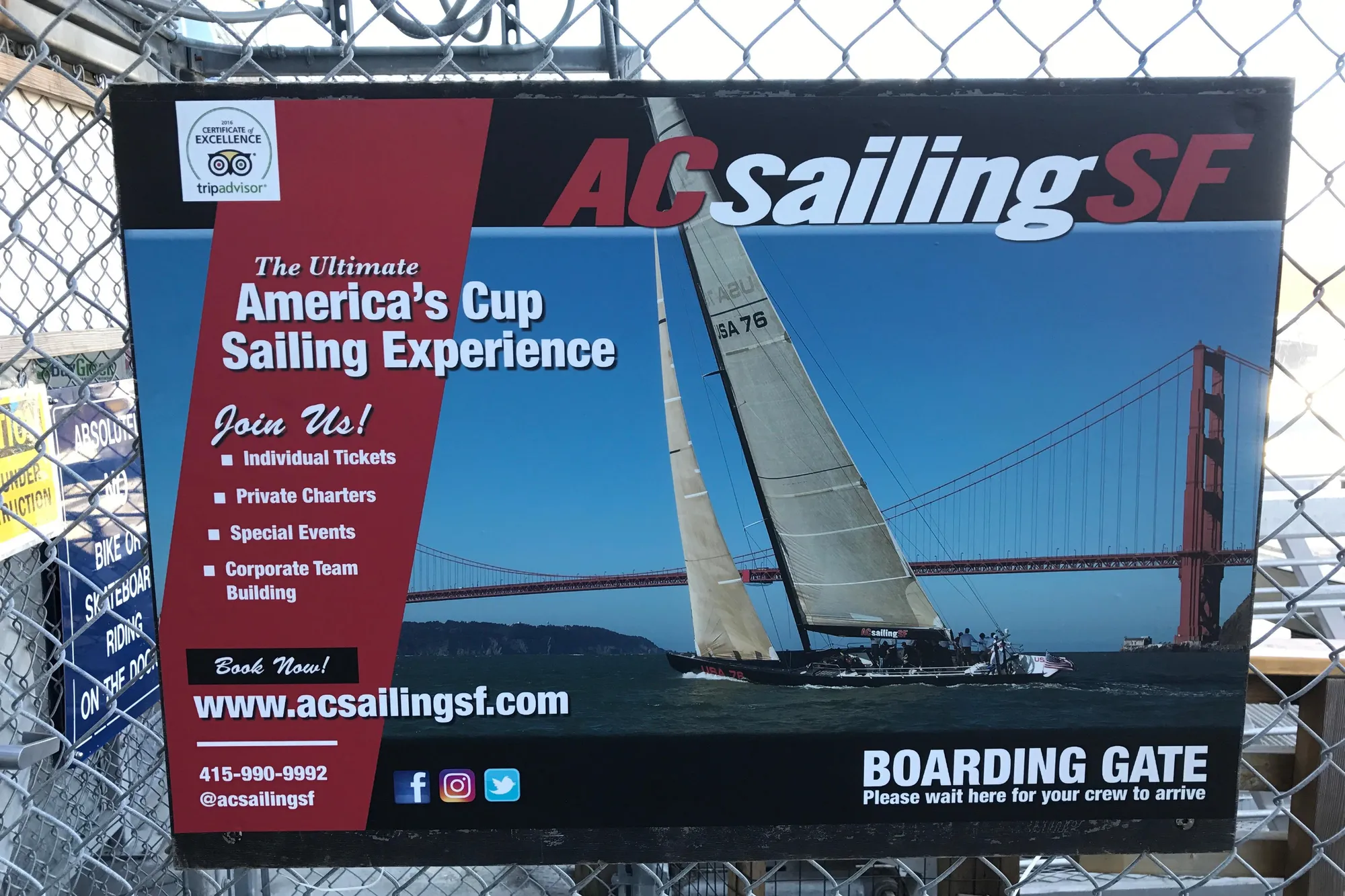 America's Cup sailing experience poster with Golden Gate Bridge and sailboat, 2002 International Americas Cup Class.