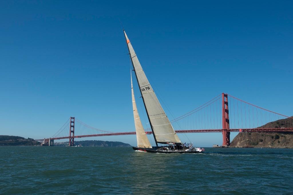 Sailboat near Golden Gate Bridge, 2002 International Americas Cup Class yacht.