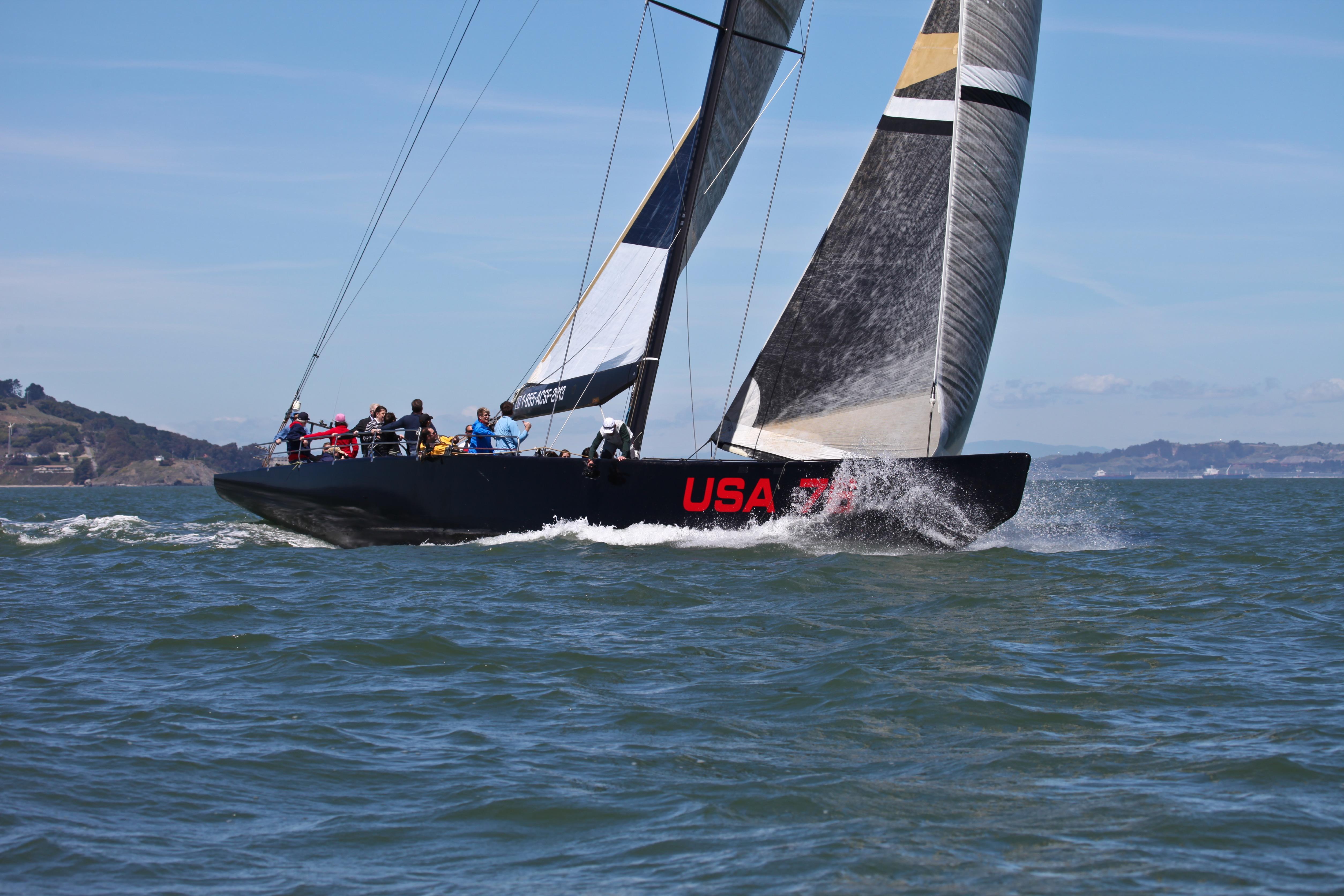 Sailing yacht "USA 76" on water, Custom International Americas Cup Class, 2002.