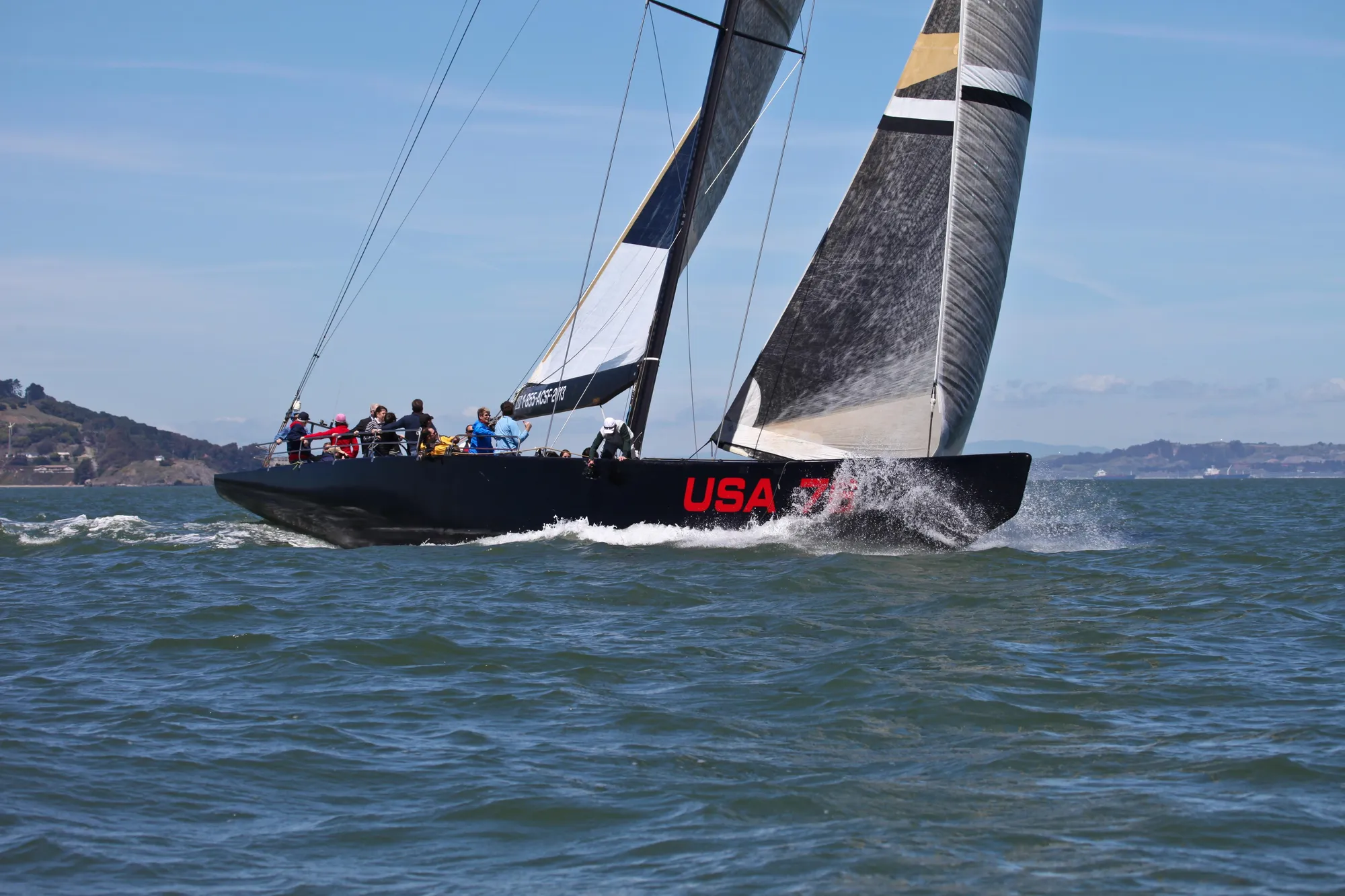 Sailing yacht "USA 76" on water, Custom International Americas Cup Class, 2002.