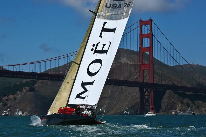 Sailboat "Moët" racing near Golden Gate Bridge, 2002 International Americas Cup Class.