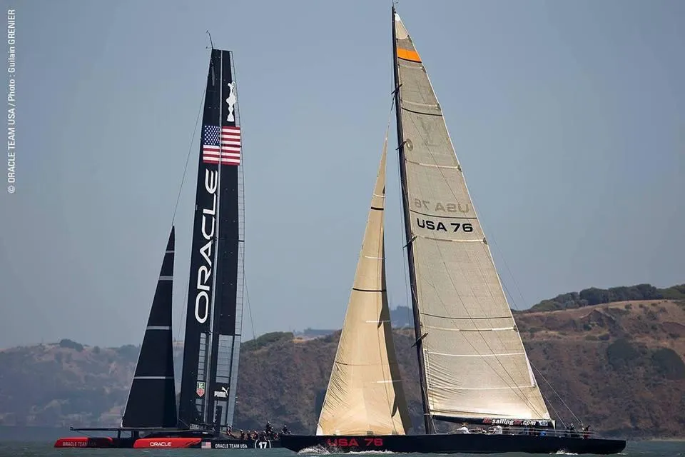 Two International Americas Cup Class yachts racing on open water, 2002.
