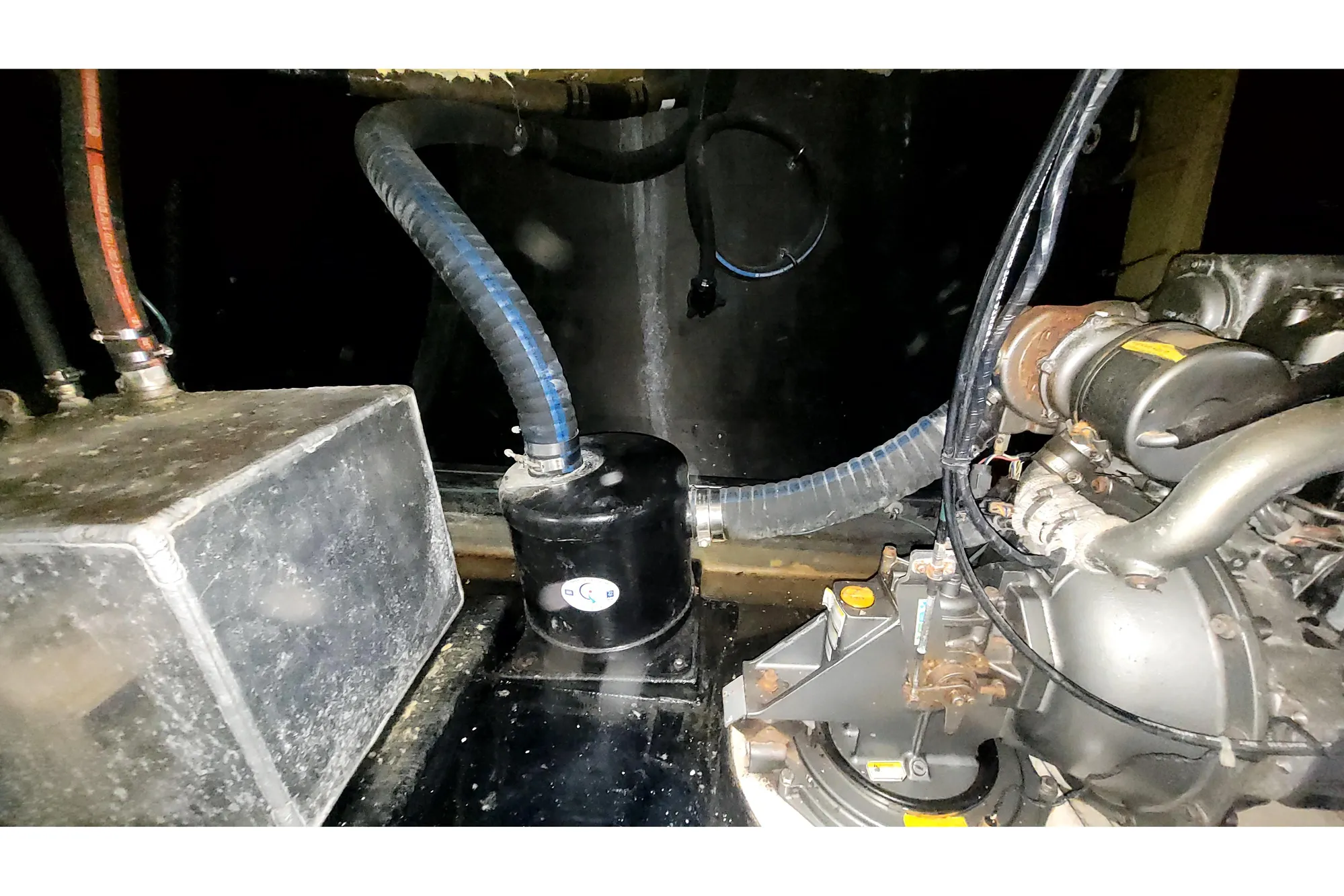 Engine compartment of 2002 Custom International Americas Cup Class yacht.