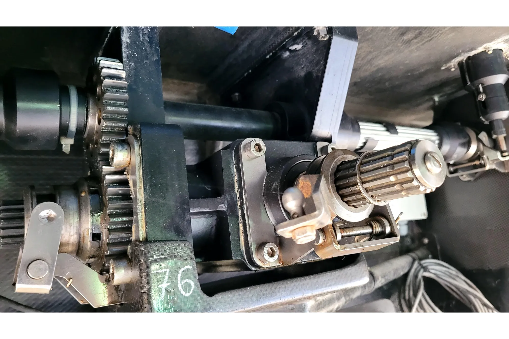 Close-up of mechanical components in a 2002 Custom International Americas Cup Class yacht.