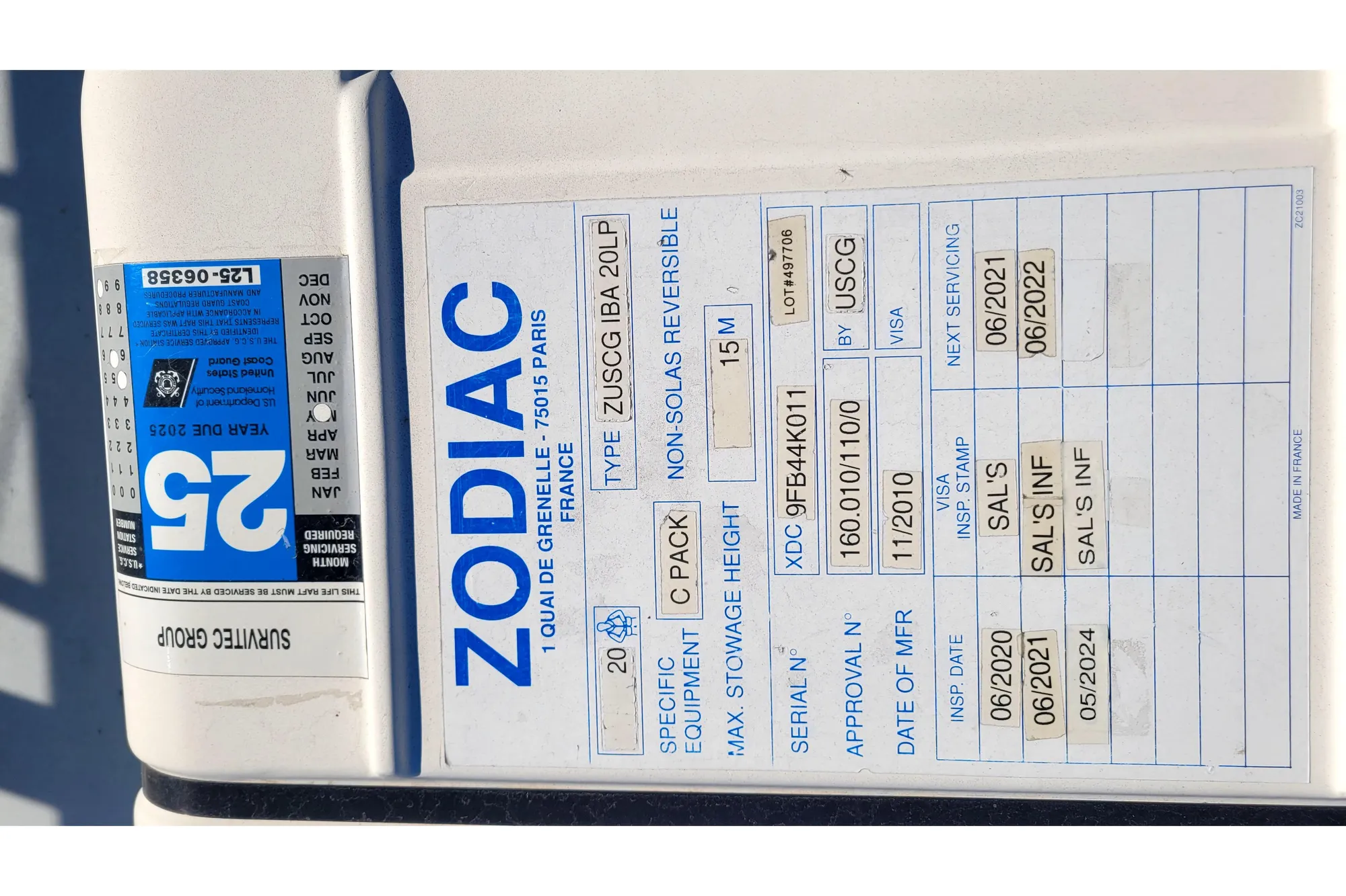 Zodiac safety equipment label with specifications and inspection details, 2002 International Americas Cup Class.