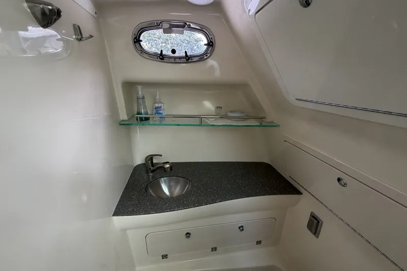  Yacht Photos Pics Interior of 2019 Boston Whaler 315 Conquest with sink and shelf.