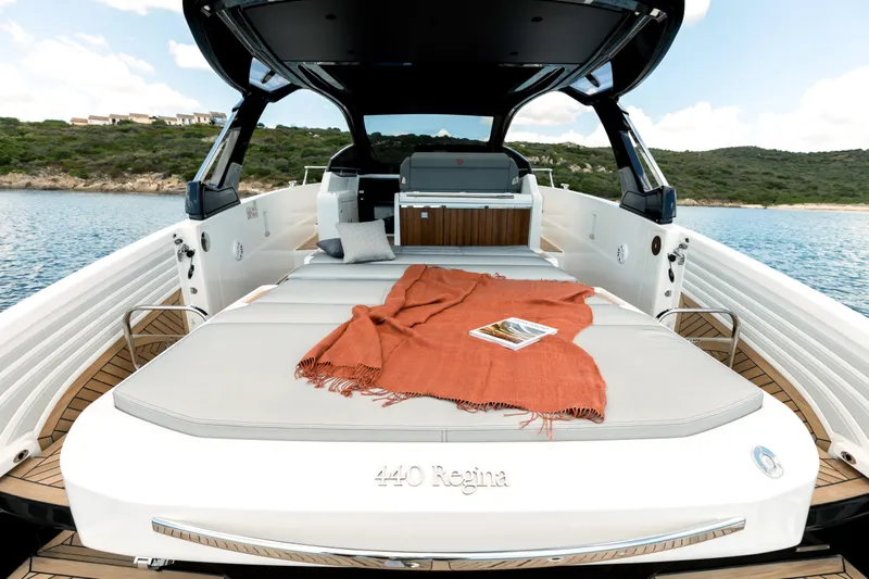  Yacht Photos Pics Luxury FIM 440 Regina yacht, 2026 model, with sunbed and scenic ocean view.