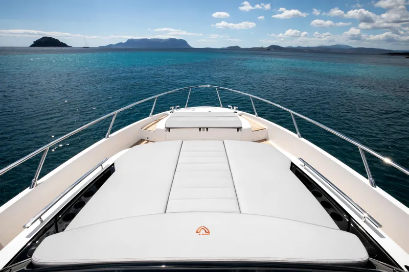  Yacht Photos Pics Luxury FIM 440 Regina yacht deck overlooking serene ocean and distant islands, 2026 model.