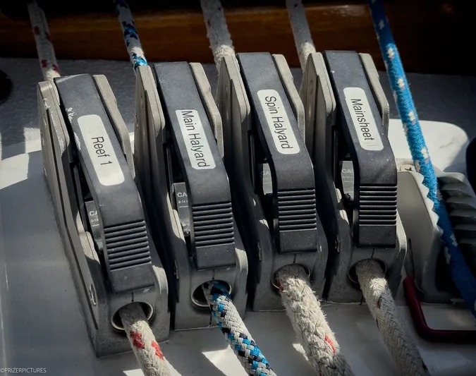 Moondust Yacht Photos Pics Close-up of rope clutches on a 1997 Catalina 380 yacht.