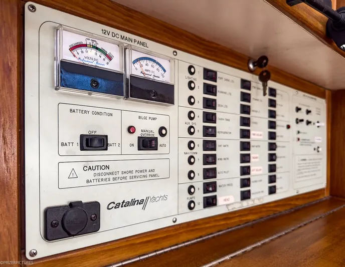 Moondust Yacht Photos Pics 12V DC main panel on Catalina 380 yacht, year 1997.