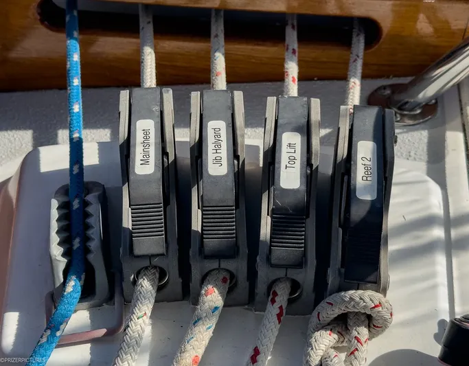 Moondust Yacht Photos Pics Close-up of sailboat lines and cleats on Catalina 380, year 1997.