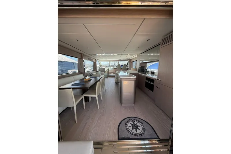 Svetlana Yacht Photos Pics Luxurious interior of 2025 Sunseeker 76 Yacht with modern dining and kitchen area.
