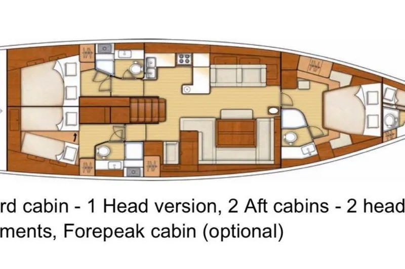  Yacht Photos Pics Floor plan of a 2013 Beneteau Oceanis 58 yacht with cabins and optional forepeak.