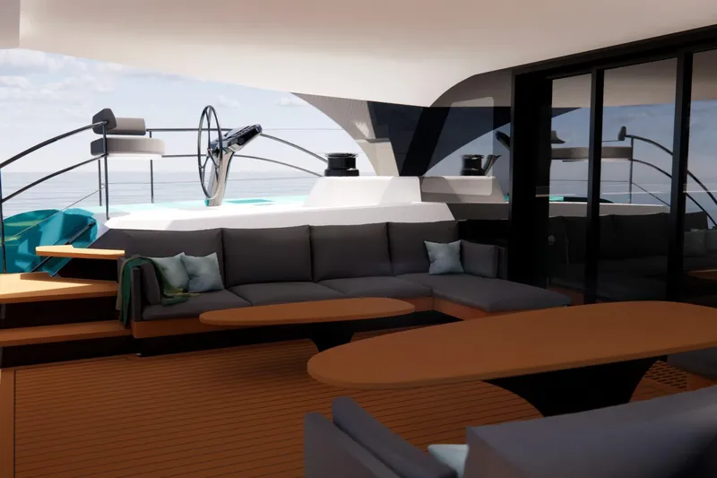 Hh80 New Yacht Photos Pics Luxurious 2026 HH Catamarans HH80 yacht interior with modern seating and steering wheel.