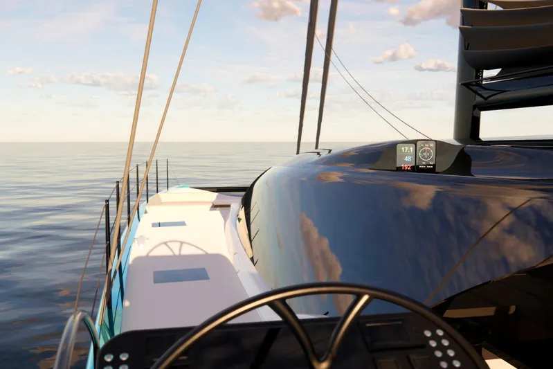 Hh80 New Yacht Photos Pics 2026 HH Catamarans HH80 sailing on calm ocean waters at sunset.