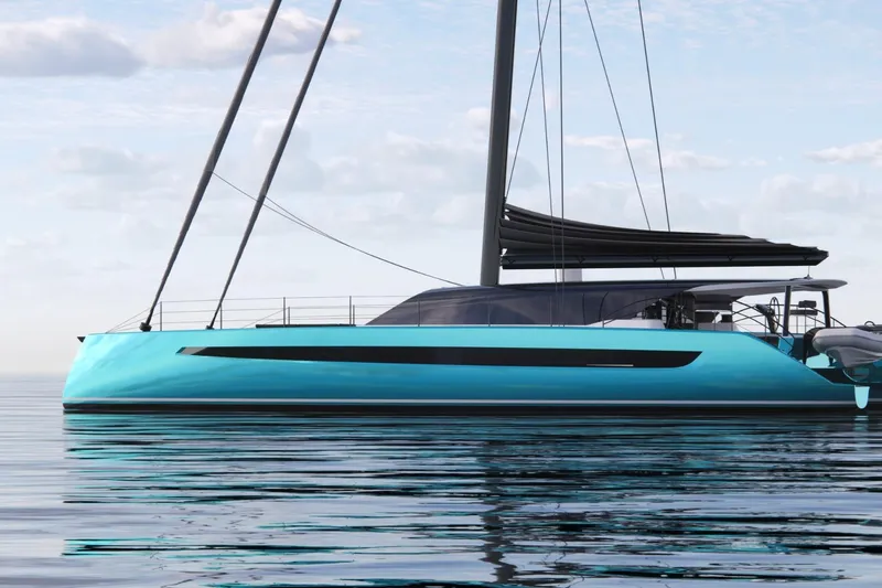 Hh80 New Yacht Photos Pics 2026 HH Catamarans HH80 sailing on calm waters under a cloudy sky.