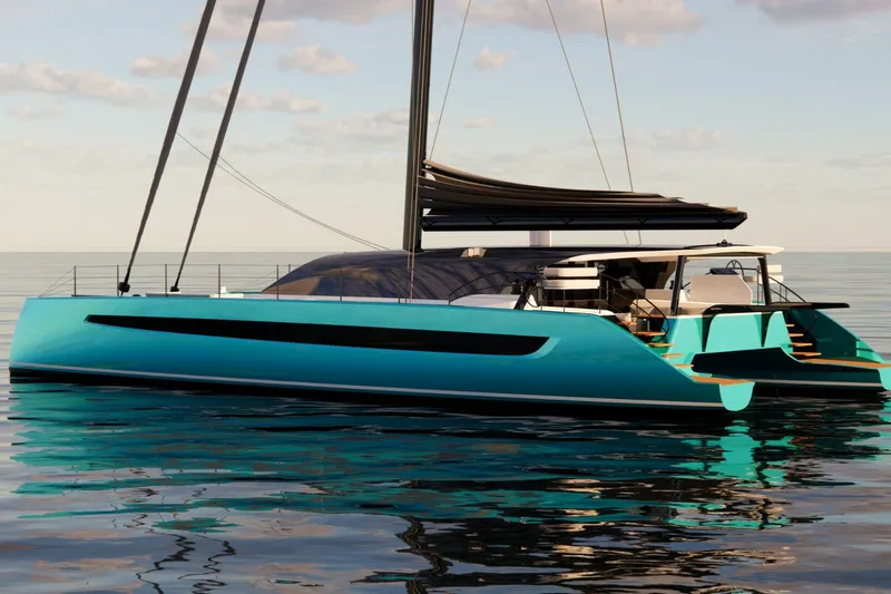 Hh80 New Yacht Photos Pics 2026 HH Catamarans HH80 sailing on calm waters under a clear sky.