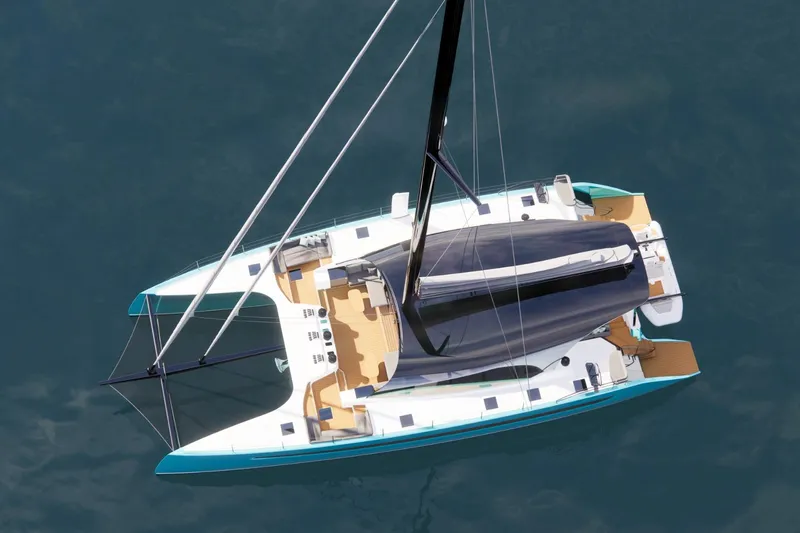 Hh80 New Yacht Photos Pics Aerial view of 2026 HH Catamarans HH80 sailing on calm water.