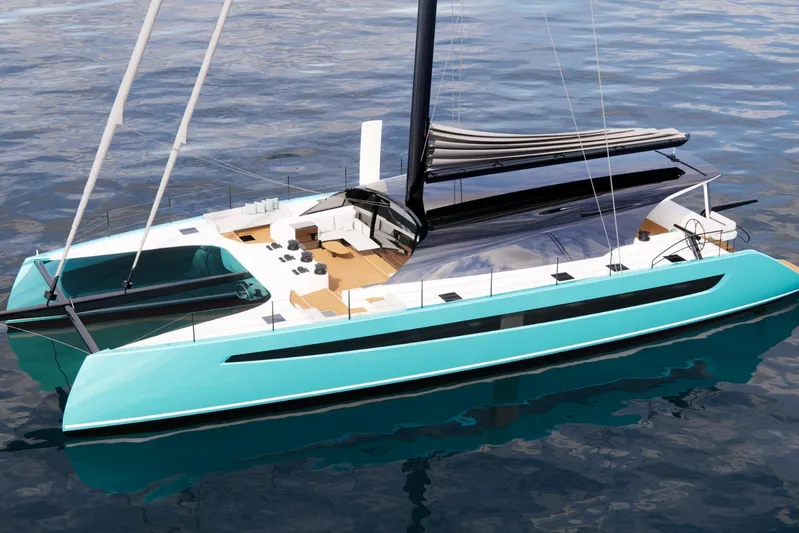 Hh80 New Yacht Photos Pics 2026 HH Catamarans HH80 luxury yacht on calm water, featuring sleek design and spacious deck.