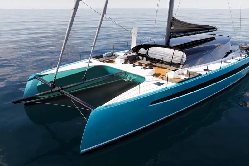 Hh80 New Yacht Photos Pics Luxurious 2026 HH Catamarans HH80 sailing on calm waters, showcasing sleek design and spacious deck.