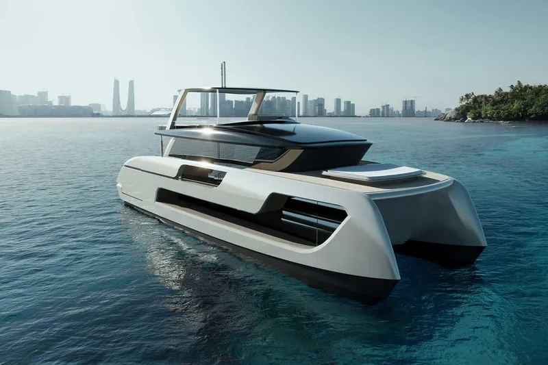  Yacht Photos Pics 2026 Sunreef 66 Ultima luxury yacht on serene water with city skyline backdrop.