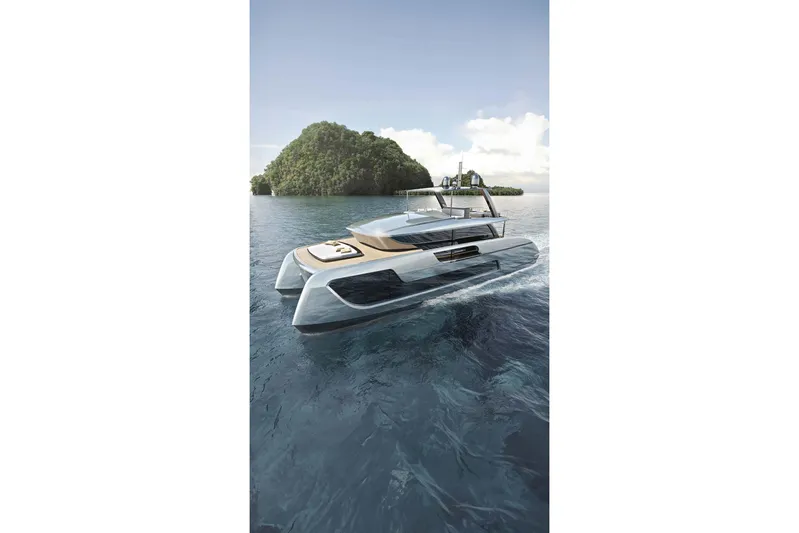  Yacht Photos Pics Luxury Sunreef 66 Ultima yacht cruising near lush island, 2026 model.