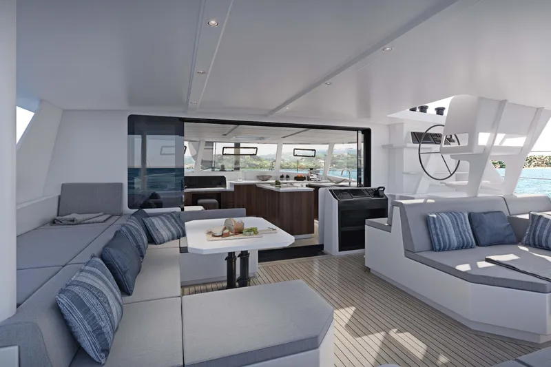  Yacht Photos Pics Luxurious interior of 2027 Balance 540 yacht with modern seating and ocean view.