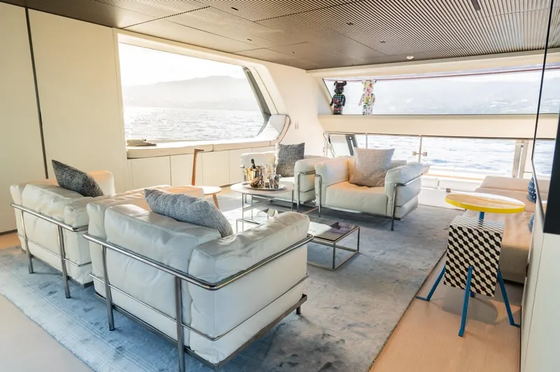 Anmax Yacht Photos Pics Luxurious interior of 2022 Sanlorenzo SP110 yacht with modern seating and ocean view.