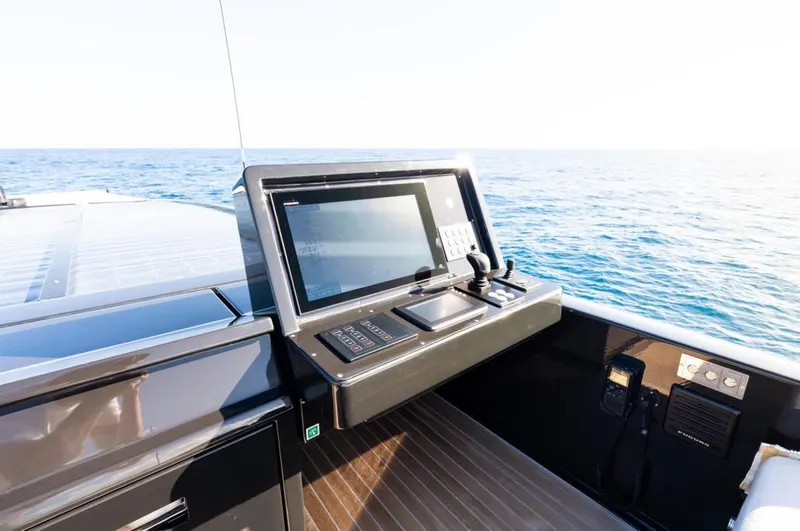 Anmax Yacht Photos Pics Sanlorenzo SP110 yacht helm with modern navigation system, 2022 model, overlooking the ocean.