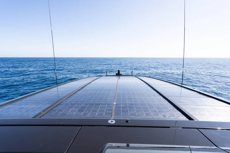 Anmax Yacht Photos Pics Sanlorenzo SP110 yacht 2022 with solar panels on open sea.