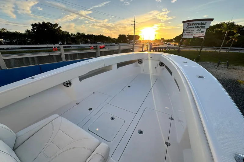 Yacht Photos Pics 2022 SeaVee 340Z boat interior at sunset, located at Tavernier Creek Marina.