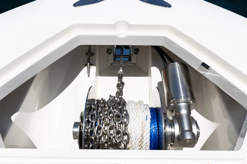  Yacht Photos Pics Anchor chain and winch system on 2022 SeaVee 450z boat.
