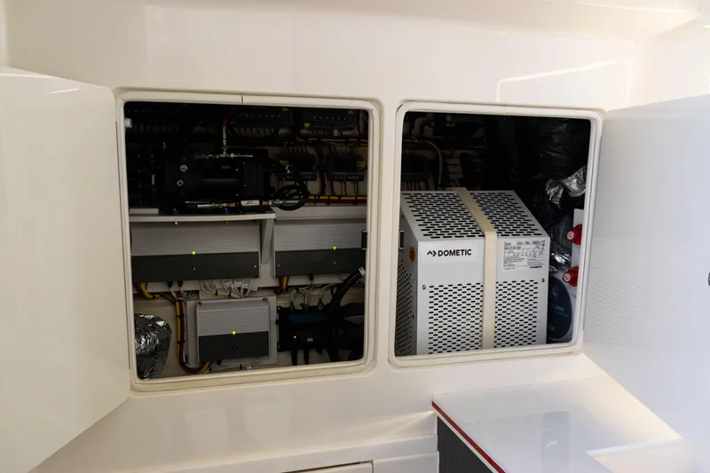  Yacht Photos Pics Electrical system inside 2022 SeaVee 450z boat, featuring Dometic equipment.