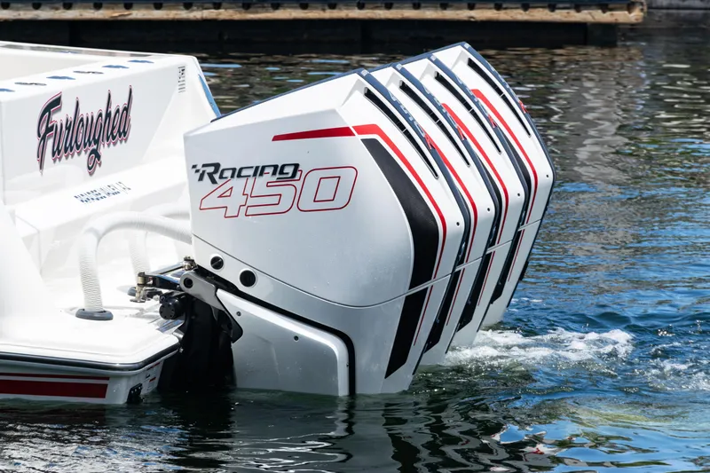  Yacht Photos Pics 2022 SeaVee 450z boat with powerful Racing 450 engines on water.