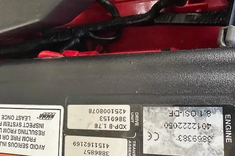  Yacht Photos Pics Close-up of a 2008 Formula 330 Sun Sport engine label with serial numbers.