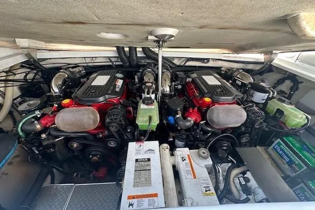  Yacht Photos Pics Engine compartment of a 2008 Formula 330 Sun Sport boat, featuring dual engines.