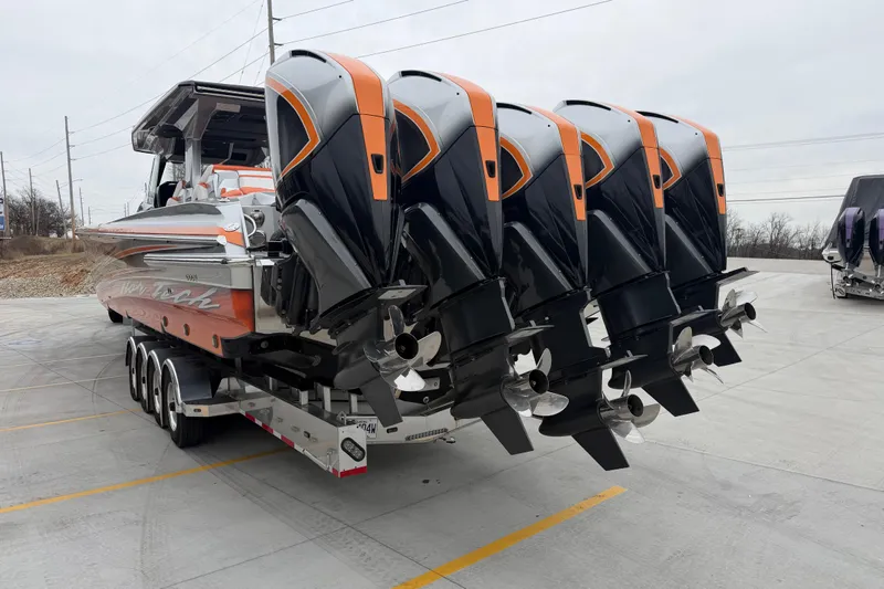 Yacht Photos Pics 2024 Nor-Tech 500 Sport Center Console with five powerful outboard engines on a trailer.