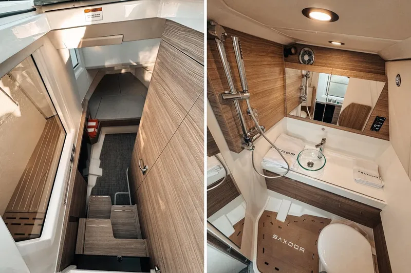  Yacht Photos Pics Interior of 2025 Saxdor 400 GTO yacht, featuring modern cabin and bathroom design.