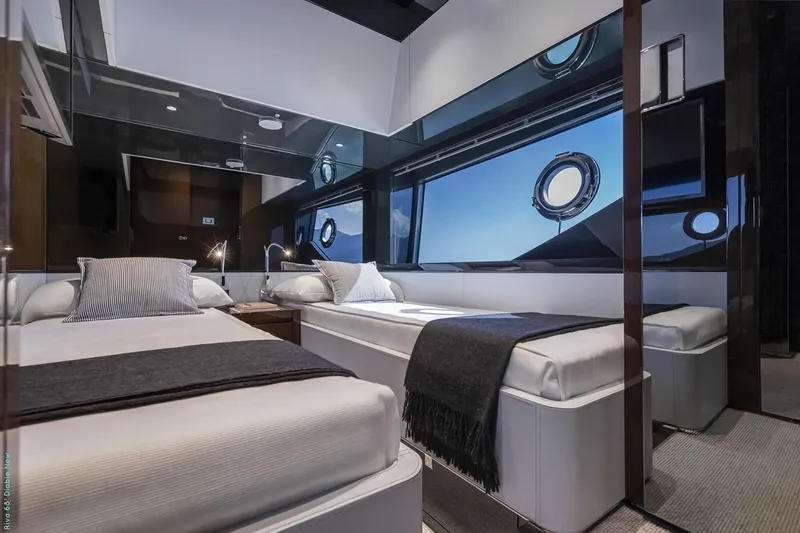  Yacht Photos Pics Manufacturer Provided Image: Luxurious cabin interior of 2026 Riva 68' Diable yacht with twin beds and modern design.