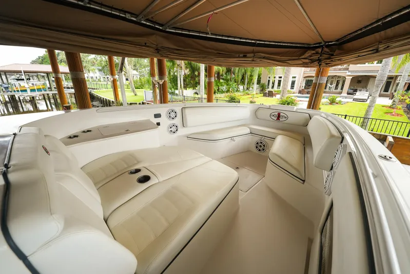  Yacht Photos Pics Luxurious interior of a 2015 Cigarette 42 Huntress boat with plush seating.