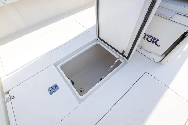 Nauti Gator Yacht Photos Pics Open storage compartment on 2014 SeaVee 34 boat deck.