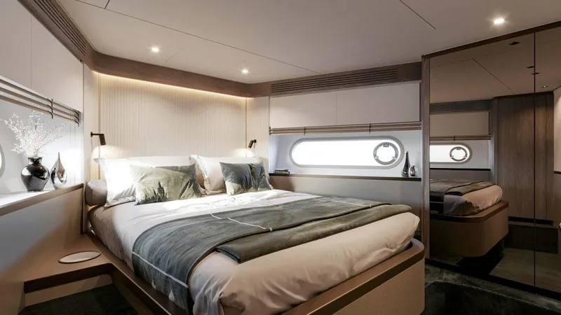  Yacht Photos Pics Luxurious bedroom interior of 2024 Azimut Magellano 60 yacht, featuring elegant design and modern amenities.