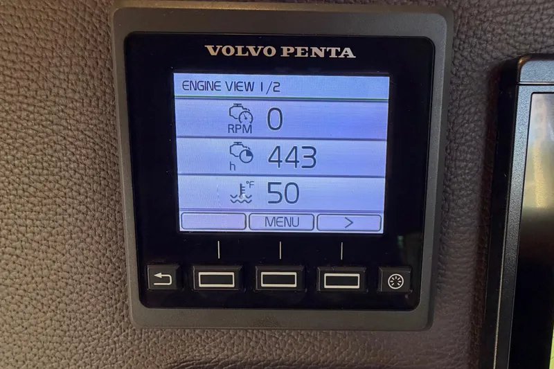 Bon Courage Yacht Photos Pics Volvo Penta engine display on 2018 Ranger Tugs R-29 CB, showing RPM and temperature.