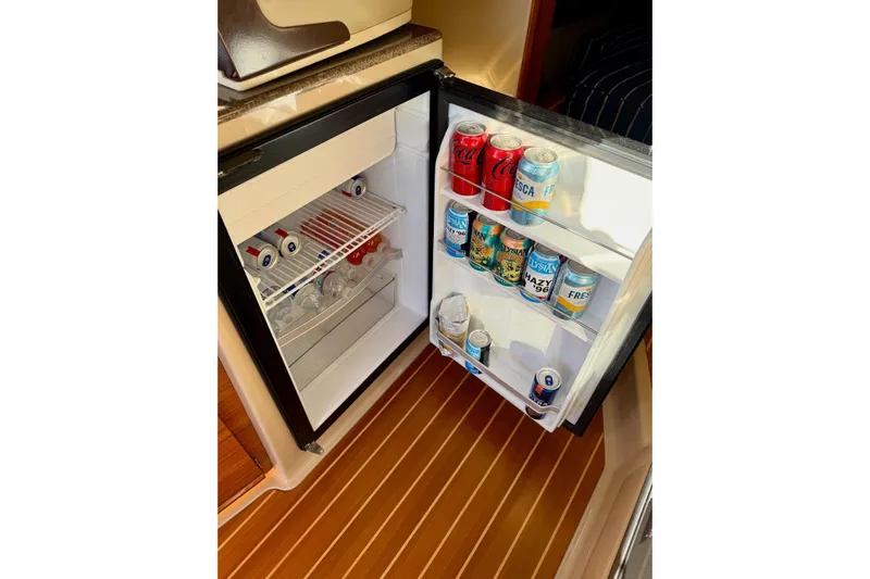Bon Courage Yacht Photos Pics Mini fridge stocked with beverages on 2018 Ranger Tugs R-29 CB boat.